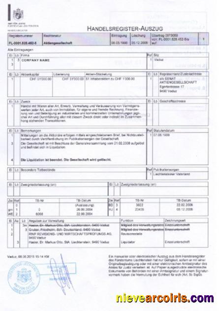Liechtenstein Certificate of Incorporation